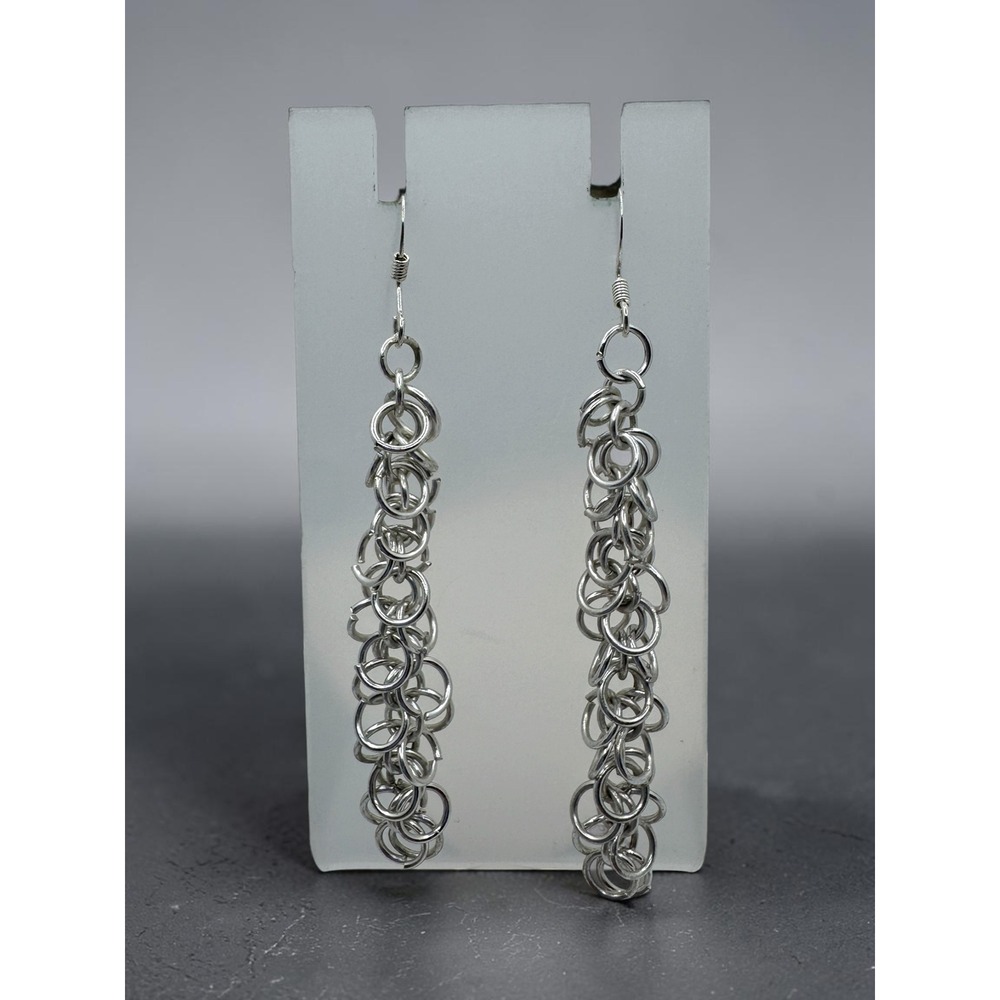Silver Tone Chainmail Drop Earrings Industrial Long Dangle Jump Ring Hooks
